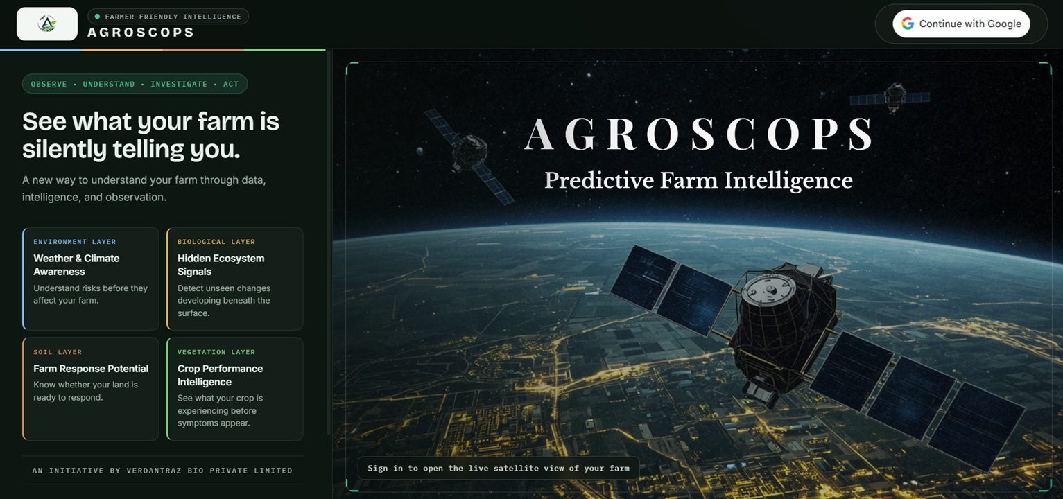 Preview of the Agroscops farm intelligence dashboard, showing live satellite analysis of fields